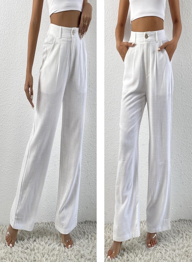heipeiwa Women's Linen Casual High Waist Wide Leg Straight Dress Cotton Linen Pants Button Trousers - Image 2